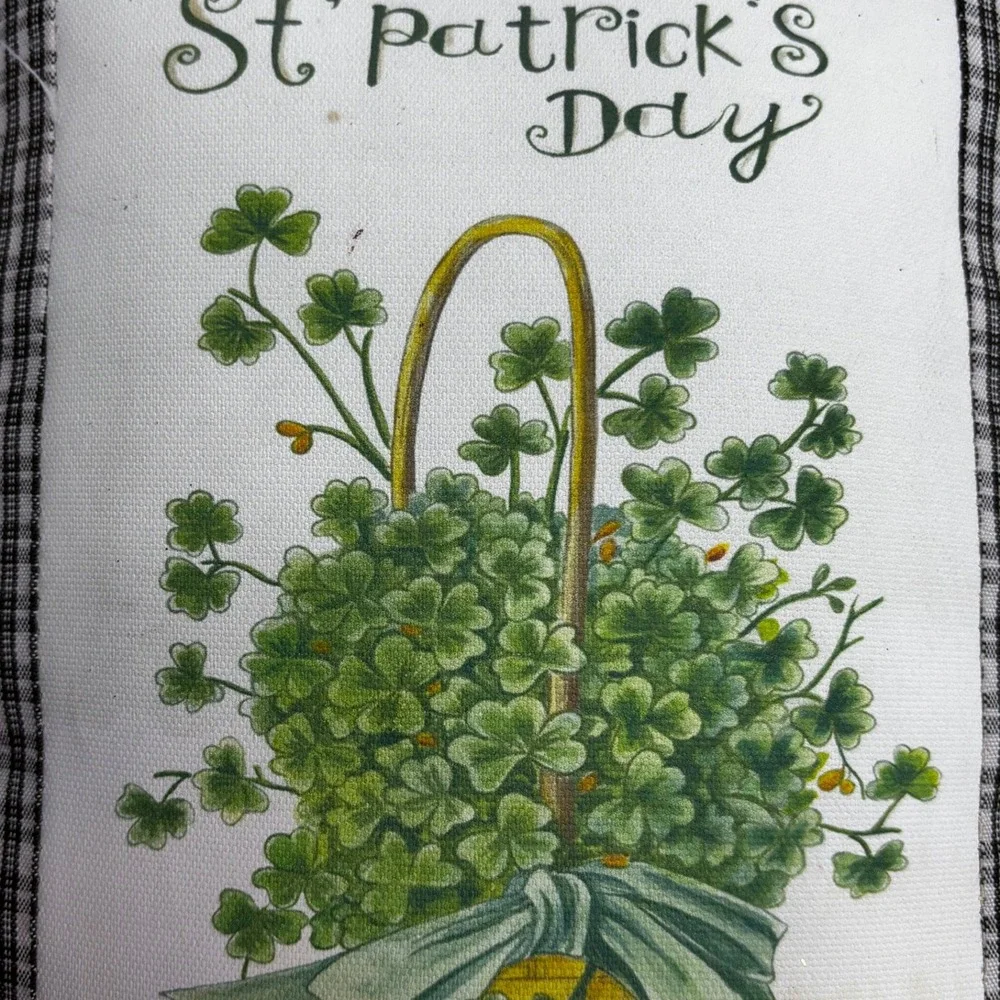Happy St Patricks Day Decor Pillow Shamrock Basket Gingham Check Green Black